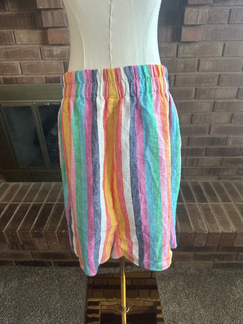 J.Crew Linen Rainbow Stripe Mini Skirt Pockets Elastic Waist Coastal Bright M - Picture 3 of 5